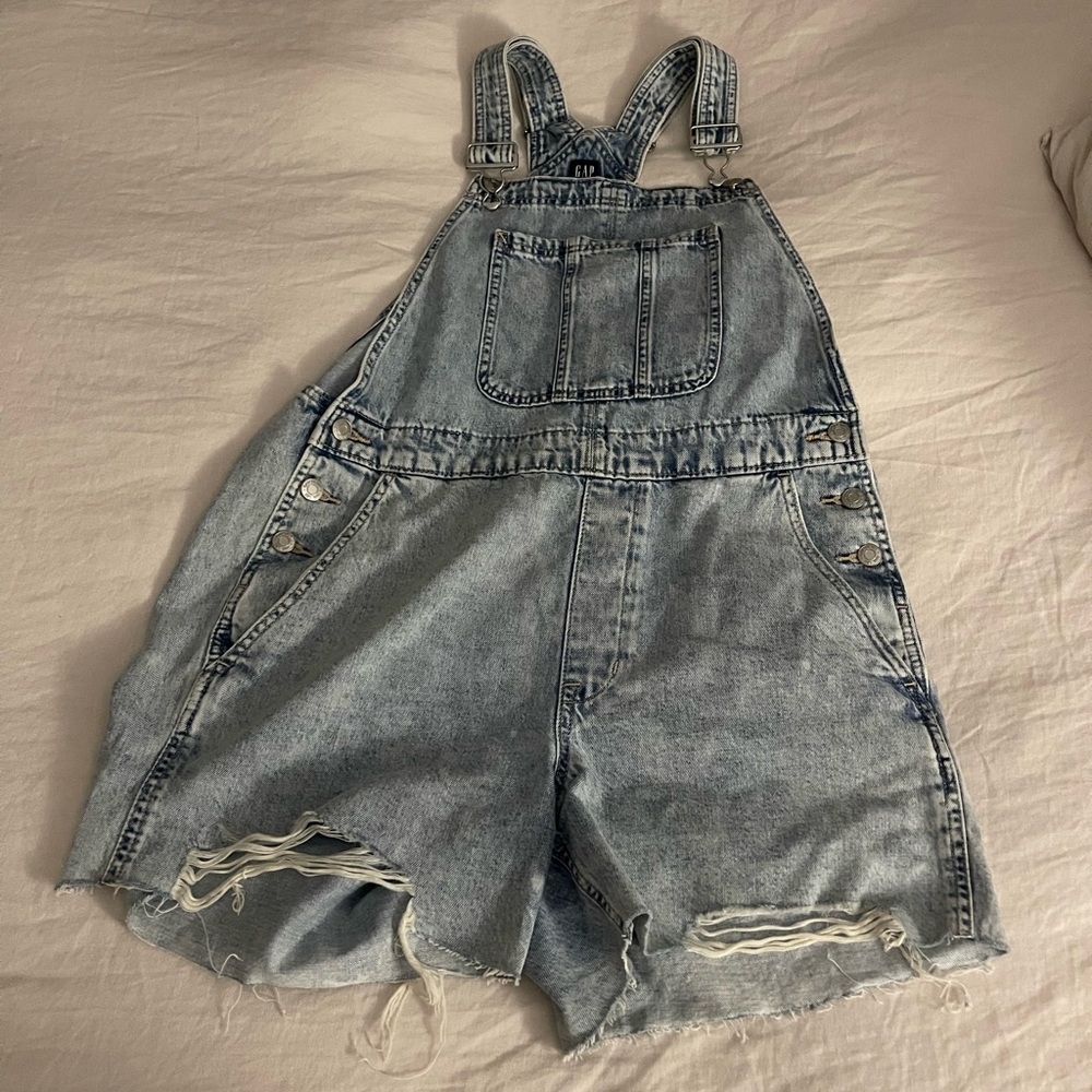 GAP Light-Medium Wash Denim Overalls with Distressed Details